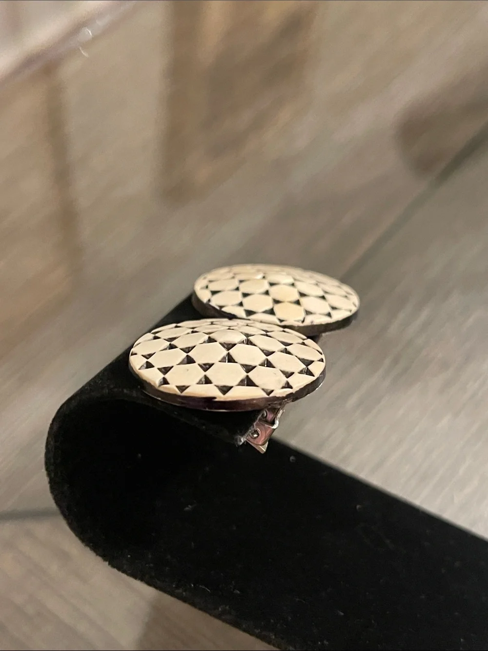 Vintage Round Button Clip Earrings with Geometric Pattern
